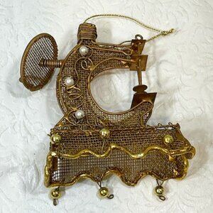 Old Fashion Sewing Machine Christmas Ornament Gold Glitter w/White & Gold Beads